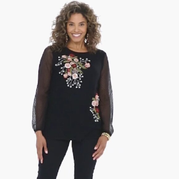 Chico's Top Women's Size 3 (16-18) Black Floral Embroidery Sheer Long Sleeves - Picture 8 of 9